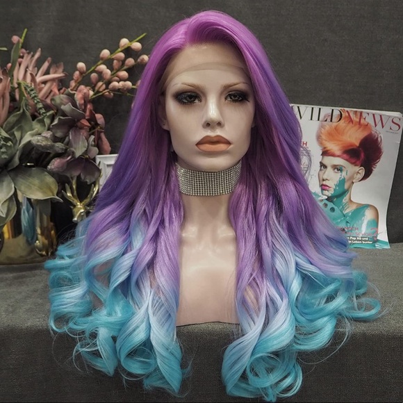 💕24” PURPLE BLUE UNICORN 🦄 OMBRE BODY WAVY CURLY LACE FRONT WIG 💕 NWT - Picture 2 of 7